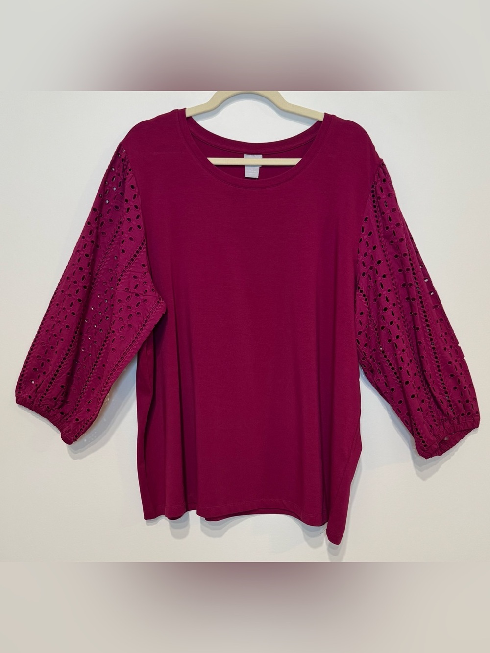 NEW Chico’s Eyelet Balloon 3/4 Sleeve Cotton Knit Top Size XXL / Chico’s Size 4